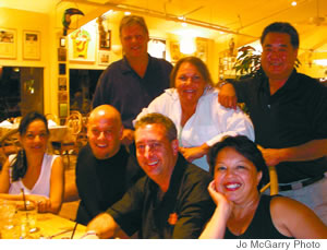 (front, from left) Lisa Kim, Troy Terrorotua, Todd and JoJo Rasmussen, (back) Bobby Curran, Vicky Tanabe and Dean Okimoto at Compadres