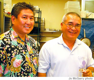Mutual admiration: Chef Alan Wong with owner of Hamakua Springs Farm, Richard Ha