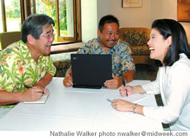 Kurisu has a good time planning the Made in Hawaii Festival with Gerald Shintaku of Kraft Foods and Joni Marcello of Meadow Gold Dairies.