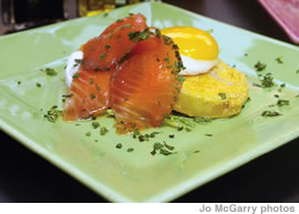 Eggs Dauphine: Fried green tomatoes topped with fried egg and house-cured salmon