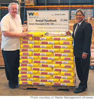 Waste Management’s Russell Nanod (right) partners with community organization leaders such as Hawaii Foodbank president Dick Grimm