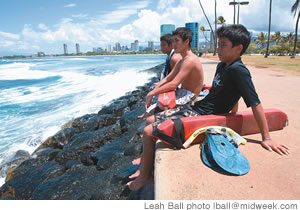 Junior Lifeguard program participants Kekai Quan (front), Cody Patton and Caden Joaquin