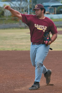 Castle's Ikaika Wise throws the ball from first base.