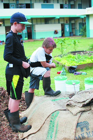 Henry Cullison (left) and Judah Walker check the internal temperature of their compost mound. Photo by Nicole Kato, nkato@midweek.com.
