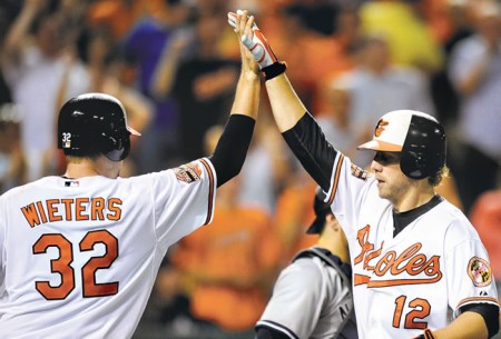 Baltimore Orioles’ Mark Reynolds (12) celebrates his tworun home run with Matt Wieters against the New York Yankees Sept. 6 in Baltimore. The O’s won 10-6.
