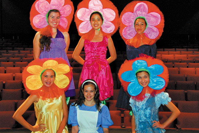 Kira Stone as Alice (front, center) meets colorful characters Chanel Yee (left), Alana Glaser (right), and (back from left) Maya Waldrep, Jade Spalling and Dorothy Sanidad. Photo from Hayley Matson-Mathes.