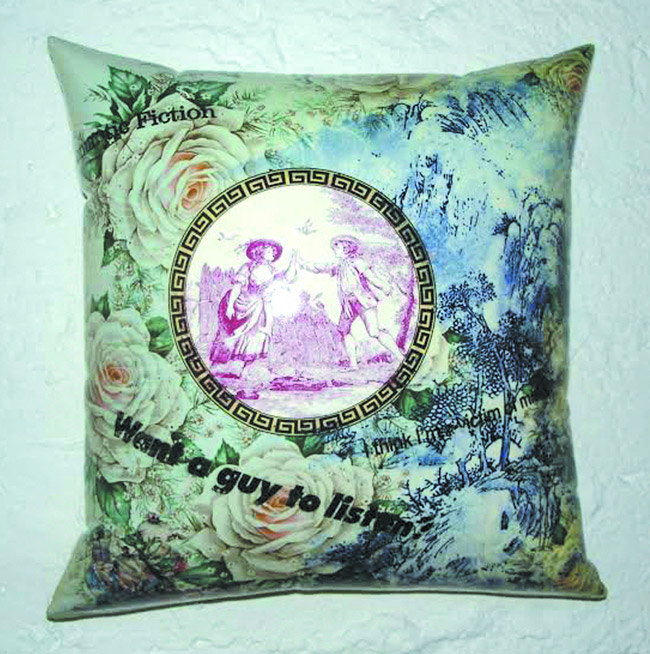 “Romantic Fiction” pillow in glazed cast earthenware by Suzanne Wolfe. Photos courtesy Pegge Hopper Gallery