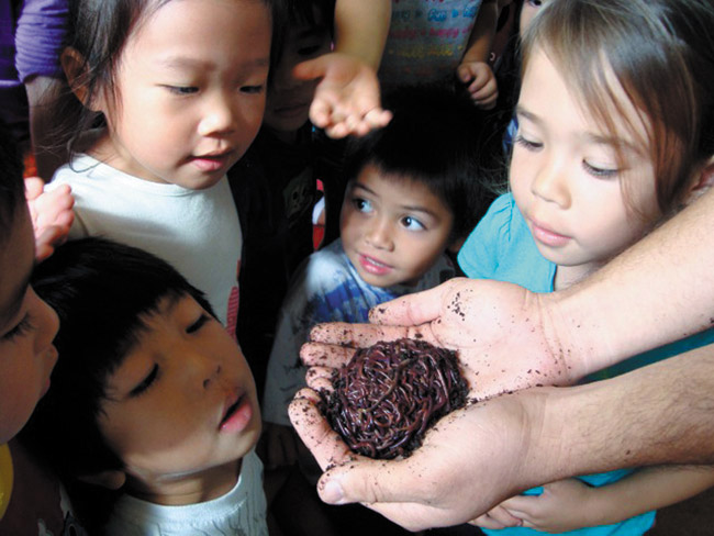 In addition to tending crops and recycling drives via Kokua Hawaii Foundation programs, area schoolchildren were introduced to these wiggly creatures that help in composting. Photo from Natalie McKinney. 