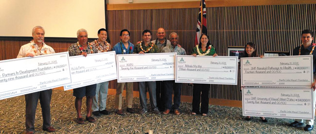 The recipients of funds raised by Pacific Links Hawaii are (from left) Billy Richards of Partners In Development, Eric Enos of Kaala Farm, John Leong of Kupu, Pacific Links Foundation board of directors member Ku'uhaku Park, Matthew Bauer of Kupu, Pacific Links Hawaii COO Micah A. Kane, Pacific Links Foundation board member John DeSoto, Cynthia Rezentes of Mohala I Ka Wai, Sachi Kaulukukui of Nanakuli Pathways to Health, and Kimo Kai of UH-West Oahu. Photo courtesy of Bennet Group.