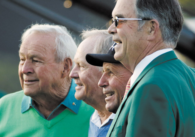 Even among golf's elite, Arnold Palmer (left) stands out. Also pictured are Jack Nicklaus, Gary Player and Augusta chairman Billy Payne | AP photo