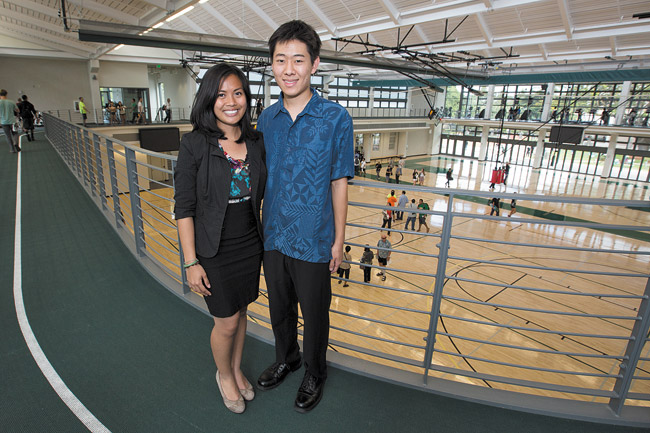 Former Campus Center Board president Michelle Tagorda and current president Matthew Nagata in the New Warrior Recreation Center. Anthony Consillio photo