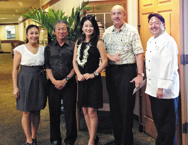 At the $10,000 check presentation from Hy's Steak House were (from left) UH Foundation development director Linh Hoang, KCC culinary chairman Ron Takahashi, Hy's managing director Wakana Tabata, KCC dean Frank Haas and chef-instructor Grant Sato, who also coaches Team Hawaii and hosts the 'What's Cooking Hawaii' TV show. Photo from UH Foundation.