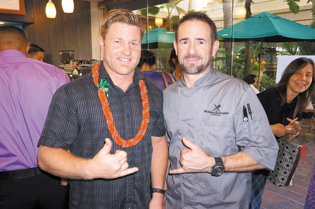 A special blessing was held May 15 for the opening of Kai Coffee in Hyatt Regency Waikiki Beach Resort & Spa. Pictured is Kai Coffee owner Sam Suiter with Roger Meier of The Baker & Butcher.