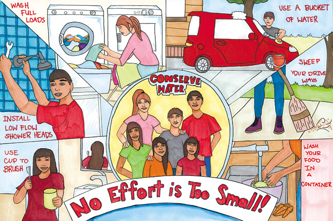 Kapolei Middle School student Rayla Galvan's winning poster in the 2014 Board of Water Supply Water Conservation Contest depicted various ways people can conserve water. Galvan was among three area winners in the annual poster and poetry competition. Photo from BWS.