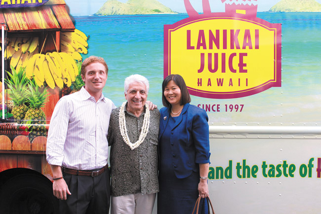 Lanikai Juice owner Pablo Gonzalez (center) celebrates the opening of his newest store in Kakaako at a VIP event June 10. Located at 680 Ala Moana Blvd., the store offers a new menu with healthier options and original favorites. He's pictured with Christian O'Connor (Kamehameha Schools senior asset manager-endowment) and May Nishijima (First Hawaiian Bank vice president and Kailua branch manager).