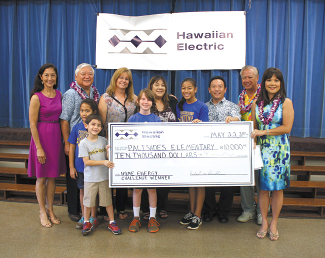 Palisades Elementary School earned this $10,000 check from Hawaiian Electric Co. for success in conserving energy and winning first place in the Home Energy Challenge. Pictured (from left) are HECO education and consumer affairs director Ka'iulani de Silva, state Sen. Clarence Nishihara, students Alana Ho and Jerome Nozawa, HECO community affairs consultant Sam Nichols, student Taiyo Watt, Palisades parent-community networking coordinator Desiree Yamanouchi, student Preston Spragling, Palisades principal Gavin Tsue, state Rep. Gregg Takayama and HECO government and community affairs vice president Darcy Endo-Omoto. Photo courtesy Hawaiian Electric Co. 