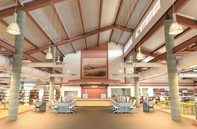 An illustration of the interior of the new Aiea Library. Rendering by Glenn Miura of CDS International.
