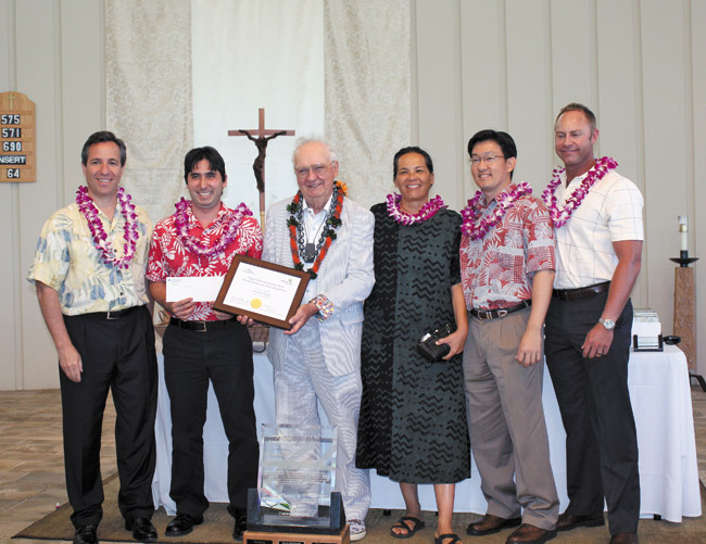 Waimanalo Aquaponics Project claimed the $12,000 first prize in the 2014 Hogan Entrepreneurs/American Savings Bank Non-Profit Business Plan competition, held recently at Chaminade University. At the presentation were (from left) ASB president and CEO Richard Wacker, Ho'oulu Pacific's David Walfish, Ed Hogan, and Ho'oulu Pacific's Ilima Ho-Lastimosa, Keith Sakuda and Eric Martinson. Photo courtesy of Chaminade University. 