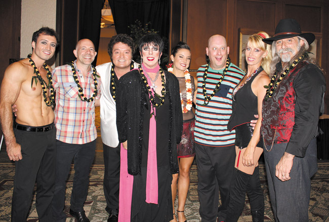 Cast members of CabaRAE at the Hilton Hawaiian Village met with guests during a recent preview show. Pictured here are aerial strap artist Ryan James, Dave Renzella of RMD Group, Jean-Pierre of The Skating Willers, Liza impersonator Richard DeFonzo, trapeze artist Genevieve Landry, comedian Peter Pitofsky, artistic coordinator and The Skating Willers performer Wanda Azzario-Goldberg and creative producer Alan Goldberg. 