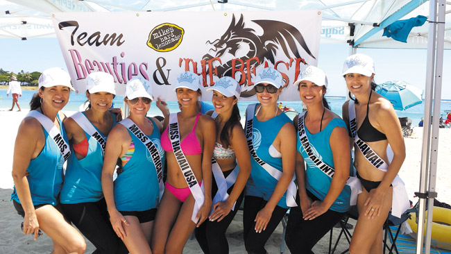 Team Beauties & The Beast consisting of former and current beauty pageant queens paddled their way to First Place in the Non-profit division in the recent Hawaii Dragon Boat Festival. Participants included (from left) Mrs. Hawaii Aulii Graf, Mrs. Hawaii Leona Komine, Miss America United States Amber Stone Napoleon, Miss Hawaii USA Moani Hara, Mrs. Hawaii Liana Green Wright, Miss Hawaii Skyler Kamaka, Miss Hawaii Intercontinental Pono Fernandez and Mrs. Hawaii Kristina Lum. 