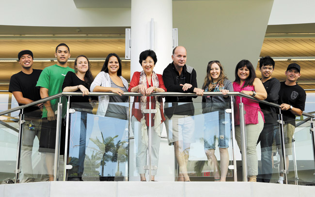 Meet Windward Community College's 2014 'Ka 'Ohana' newspaper staff (from left) Grant Kono, JP Spencer, Charissa Wittig, editor in chief Kelly Montgomery, adviser Libby Young, Patrick Hascall, Jessica Crawford, Yvonne Hopkins, Creighton Gorai and John Bascuk. (Not pictured: Ashley Shankles). Photo from Bonnie Beatson.