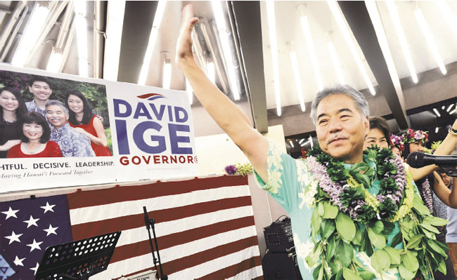 State Sen. David Ige took the stage at his campaign headquarters as results showed him with a wide lead over incumbent Gov. Neil Abercrombie in the primary BRUCE ASATO/STAR-ADVERTISER PHOTO 