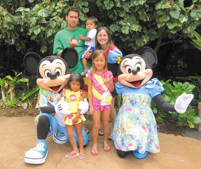 Matsumoto-Hussey family (front, from left) Raylene, Rory (back) Kaipo, Lucas and Jenny at Disney's Aulani Resort with Mickey and Minnie PHOTO COURTESY MATSUMOTO-HUSSEY OHANA 