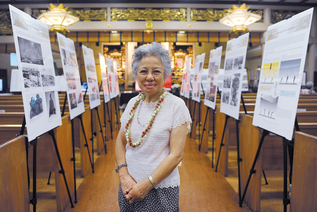 Hiroshima survivor Shigeko Sasamori at the 'A-bombs Exhibit for Peace,' held recently at Palolo Hongwanji. Photo by Lawrence Tabudlo, ltabudlo@midweek.com. 