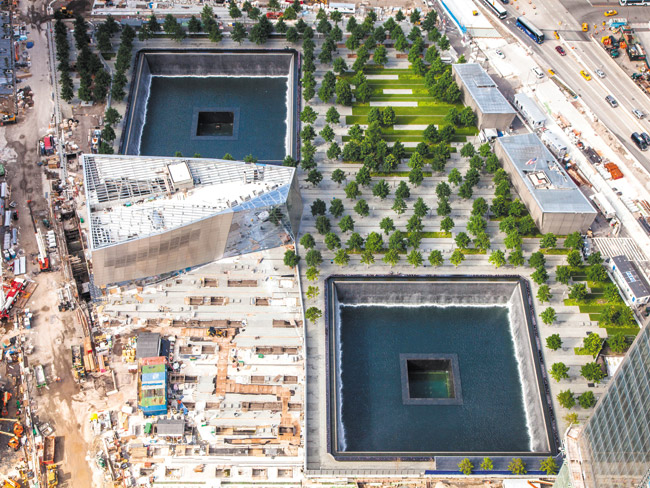This Joe Woolhead aerial photo courtesy of Silverstein Propeties and shot Aug. 1, 2013, shows the World Trade Center memorial park