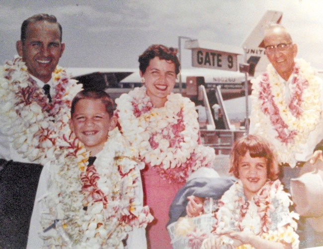 (from left) Dad Dale, Bob, mom Ale, sister Patti and grandfather Cecil Hogue in 1962 at old Honolulu Airport PHOTO FROM BOB HOGUE