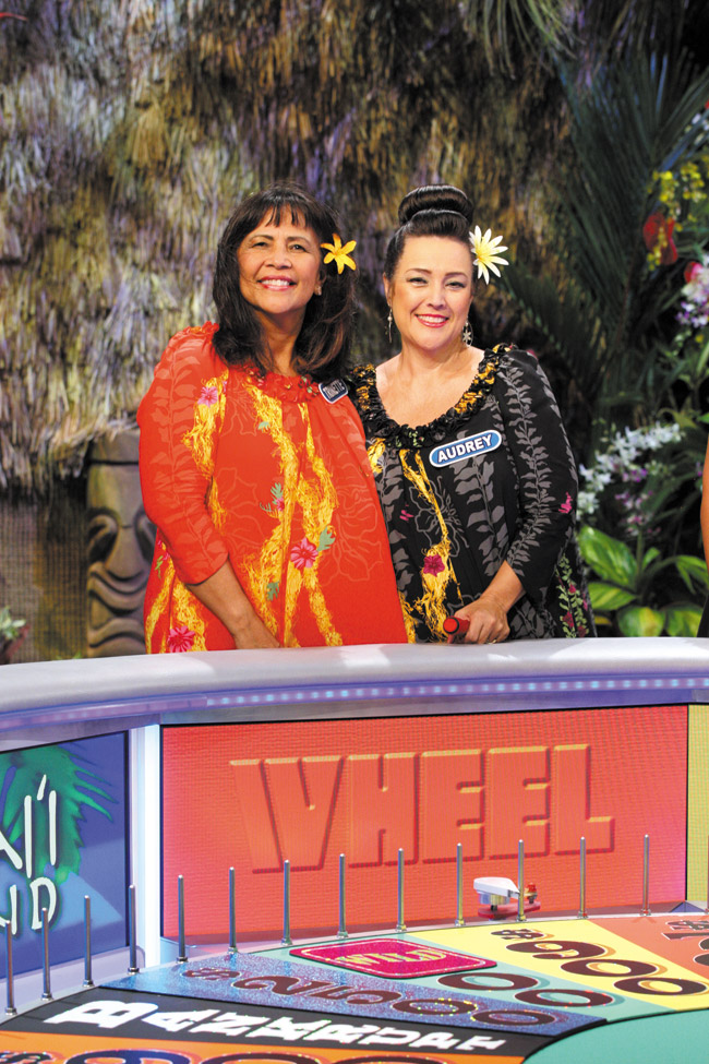 Best friends for 35 years and former Kauai High School cheerleaders Trinette Kaui and Audrey Bonilla on the set of 'Wheel of Fortune' in Kona PHOTO COURTESY CAROL KAELSON