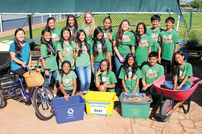 Ewa Makai Middle School students with some recyclables, which will be accepted at its Nov. 8 community drive. Photo from Vanessa Ching. 