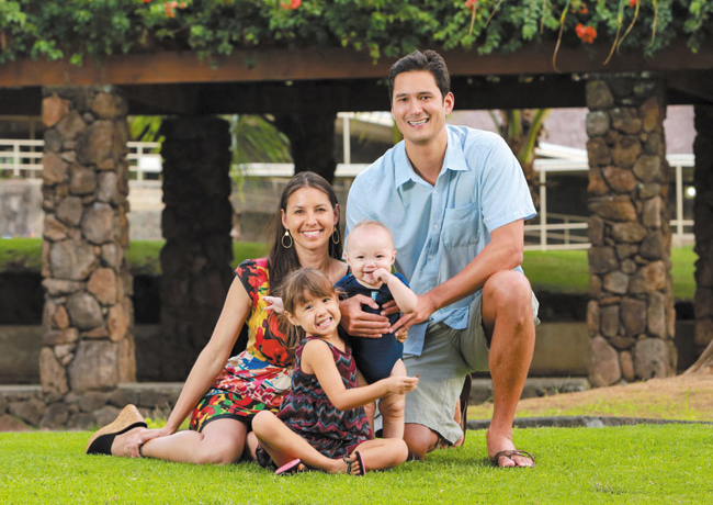 Scott Wong with wife Tamar, 3-year-old daughter Elyse and 8-month-old son Dylan Kahn  Photographed at Punahou School, where Scott graduated from in 1997  PHOTO BY BODIE COLLINS 