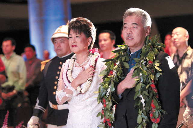 Inaugural Celebration: For Gov. Ige’s inaugural celebration, Mrs. Ige wore this beautiful lace blouse and skirt by local designer Jeanie Chun, whom she met at the Chinese Women’s Club of Honolulu scholarship and welfare luncheon and fashion show earlier this year. “I like the way she uses different materials in her dresses and outfits,” she says. “It becomes a piece of art. I love lace and a little bit of bling. She’s very creative with the use of different materials. She did a nice job.”