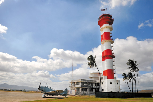 Pacific Aviation Museum's Ford Island Control Tower now sports red-and-white stripes. Photo courtesy Pacific Aviation Museum. 