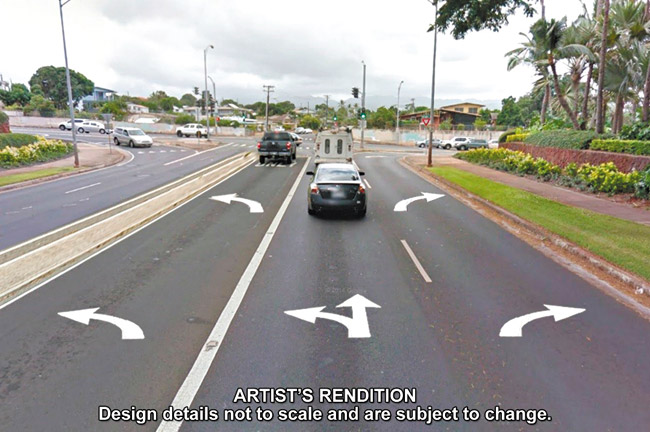 Upon completion, the new left-turn lane on Lumiaina Street will allow two lanes to turn onto Kamehameha Highway toward Mililani instead of only one, as seen in this artist's rendition. Traffic signals will be modified to allow for the left-turn movement. Photo and rendering courtesy state Department of Transportation. 