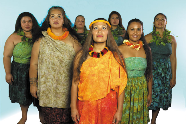 La‘ieikawai (Kau‘i Kaina) is accompanied by her sisters and grandmother Waka (Kameha‘ililani Waiau) in Kennedy Theatre's first Hawaiian-language production PHOTO BY CHESLEY CANNON 