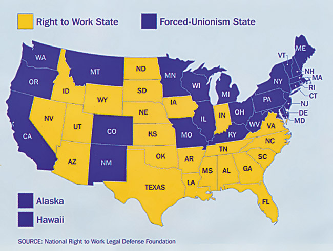 Add Wisconsin to the states above that now have right-to-work laws GRAPHIC FROM NATIONAL RIGHT TO WORK LEGAL DEFENSE FOUNDATION 