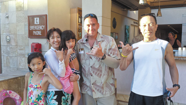 (from left) Luka, Ryo and Kanaha Morita, Daniel Spracklen and Kaoru Morita at Embassy Suites-Waikiki Beach Walk the day after Spracklen saved Kanaha PHOTO COURTESY EMBASSY SUITES-WAIKIKI BEACH WALK