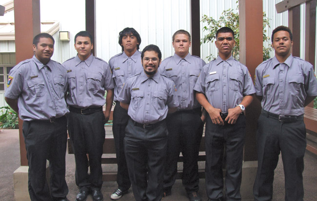 Students in Hawaii Job Corps' first Security and Protective Services course began studying in October to qualify and help meet the growing national demand. They are (from left) Jaren Elderts, Ceasar Espinosa, Gabriel Nakooka, Riccky Ortiz-Joseph, Shale Madsen, Noah Baker and Ryan Kanaluu. Photo from Julie Dugan.