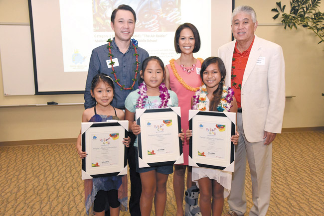 Maile Kaina (front, right) is joined by fellow winners and celebrity emcees: KHON weather anchor Justin Cruz, Shriners Hospital's director of public relations Mahealani Richardson and Toyota Hawaii senior vice president Glenn Inouye. Photo from Pang Communications. 