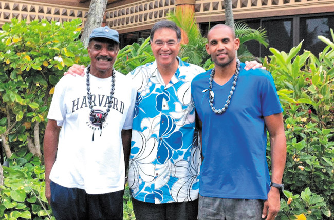 Yale legend Calvin Hill and Duke superstar Grant Hill with the author on a visit to Polynesian Cultural Center — note the Harvard shirt on the elder Hill PHOTO COURTESY PCC