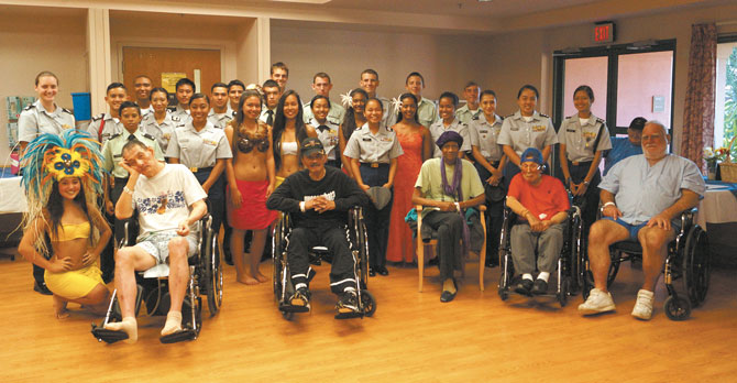 Mililani Army JROTC cadets pose with veterans April 9 at Tripler Army Medical Center’s VA Center for the Aging. PHOTO BY MILILANI JROTC.