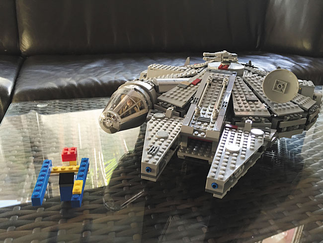 The completed 1,359-piece Lego Millennium Falcon and its simpler sidekick. TANNYA JOAQUIN PHOTO