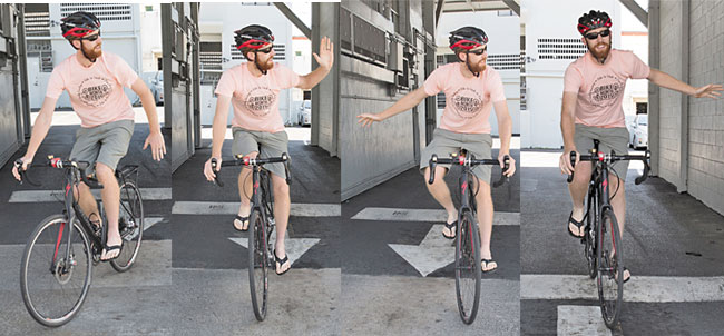 Travis Counsell shows the correct ways to signal when on a bicycle: (from left) stopping; turning right; also turning right; and turning left. This year, the state Legislature passed a bill allowing bicyclists to signal a right turn by using their right hand and arm extended horizontally from the right side of the bicycle. Under current law, all road users using hand signals, including bicyclists, are required to signal a right turn by extending their left arm outward and bent upward at the elbow NATHALIE WALKER PHOTOS