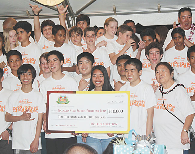 Members of the Waialua robotics team celebrate another successful fundraiser May 7 at Dole Plantation. The annual benefit supports the handful of national tournament trips for the award-winning team. PHOTO FROM DOLE PLANTATION.