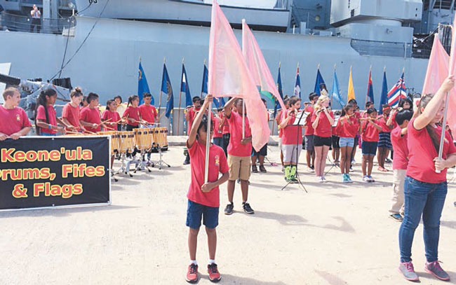 Keone‘ula Elementary School’s Fife, Drum and Flag Corps was on hand May 15 to honor the legacy of Battleship Missouri Memorial. The Ewa Beach school entertained guests with a 15-minute performance. PHOTO COURTESY BATTLESHIP MISSOURI MEMORIAL.