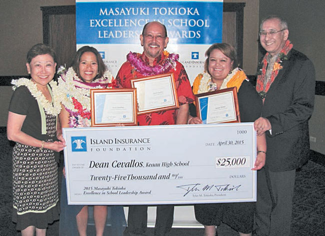 (from left) DOE superintendent Kathryn Matayoshi, Kanoelani Elementary principal Stacie Kunihisa, Keaau High School principal Dean Cevallos, Haleiwa Elementary principal Malaea Wetzel and Island Insurance Foundation president Tyler Tokioka at the annual Public Schools of Hawaii Foundation Dinner April 30, which honored the finalists and winner of the Masayuki Tokioka Excellence in School Leadership Award. PHOTO COURTESY ISLAND INSURANCE FOUNDATION.