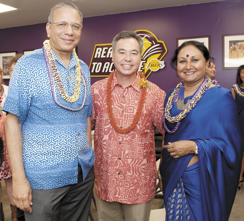 From left to right:  Rotary International President K. R. "Ravi" Ravindran, Rotary District Governor Hawaii Del Green, and Mrs. Vanathy Ravindran. Photo by Nathalie Walker.