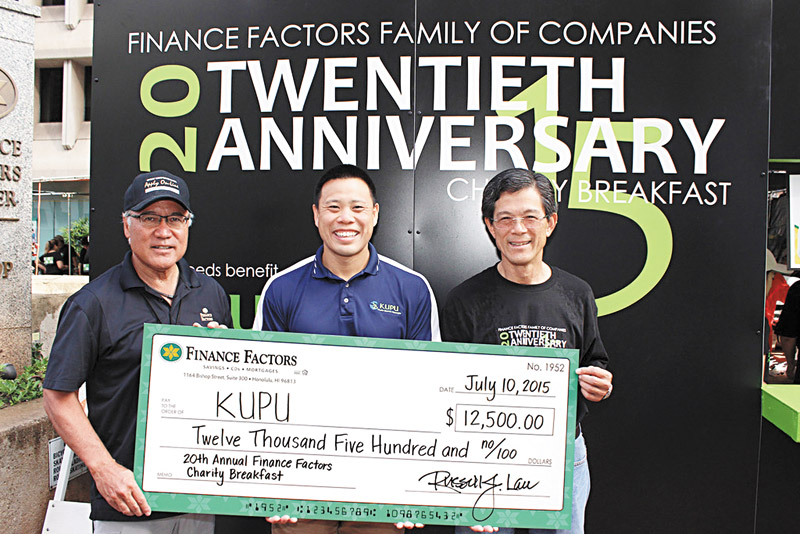 Breakfast For Kupu Finance Factors raised $12,500 at its annual charity breakfast for local youth and environmental nonprofit Kupu. Funds will benefit Kupu’s Ho‘ahu Capital Campaign, the first Green Job Training Center in Kakaako that will serve as a hub for Kupu’s education programs. Pictured are (from left) Finance Factors president and chief operating officer Steve Teruya, Kupu executive director John Leong and Finance Factors CEO Russell Lau. PHOTO COURTESY OF BENNET GROUP STRATEGIC COMMUNICATIONS